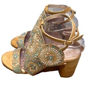 VENUS Womens 8 Tan Embellished Beaded Sandals Ankle Strap Block Heel